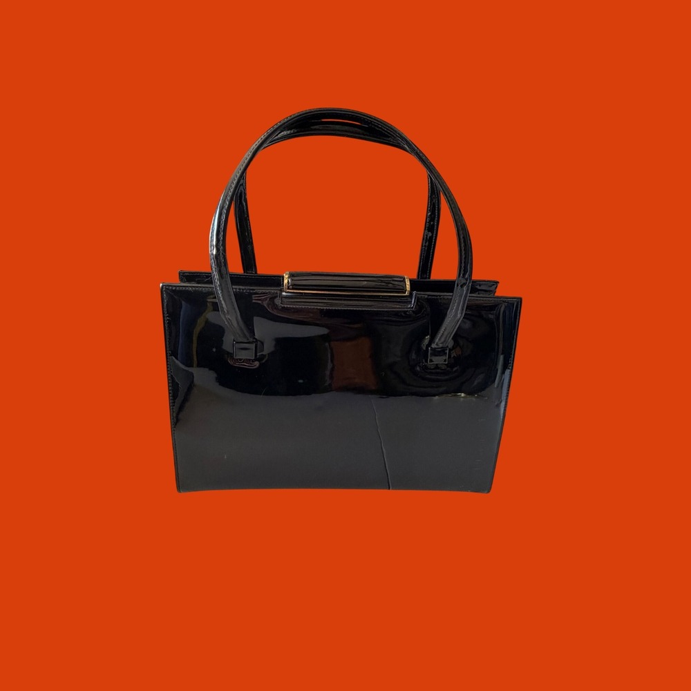 Vintage I Magnin & Co Black Patent Leather Frame Handbag Mid Century Mod 11x7.5